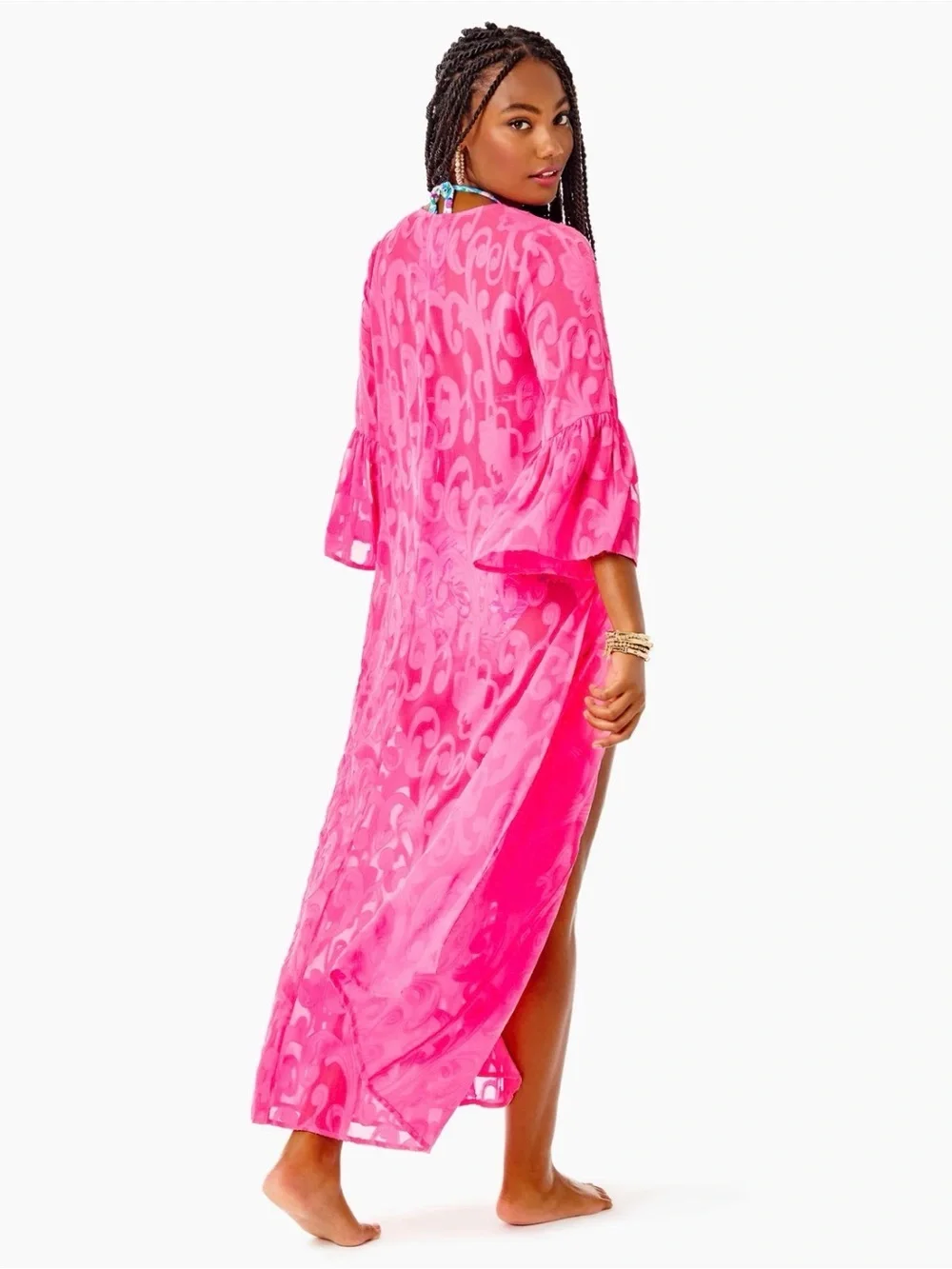 Lilly Pulitzer Motley Maxi Cover-Up dress Aura Pink Poly Crepe Swirl Clip lace